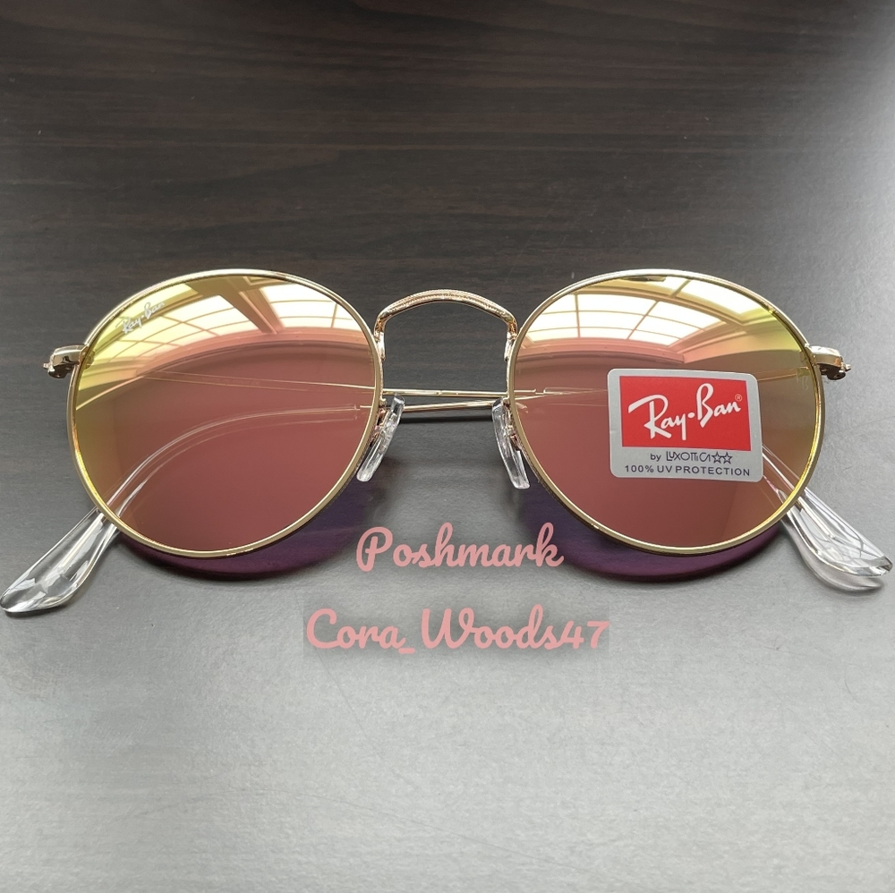 Ray Ban Round Metal Pink Flash Lenses RB3447 Gold Frame Unisex New - Picture 9 of 16